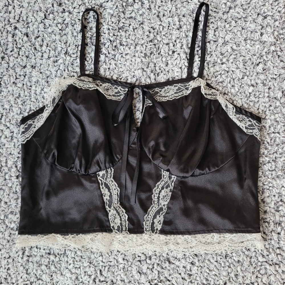 Black satin bustier‎ crop tank top lace and bow detail whimsigoth goth romantic